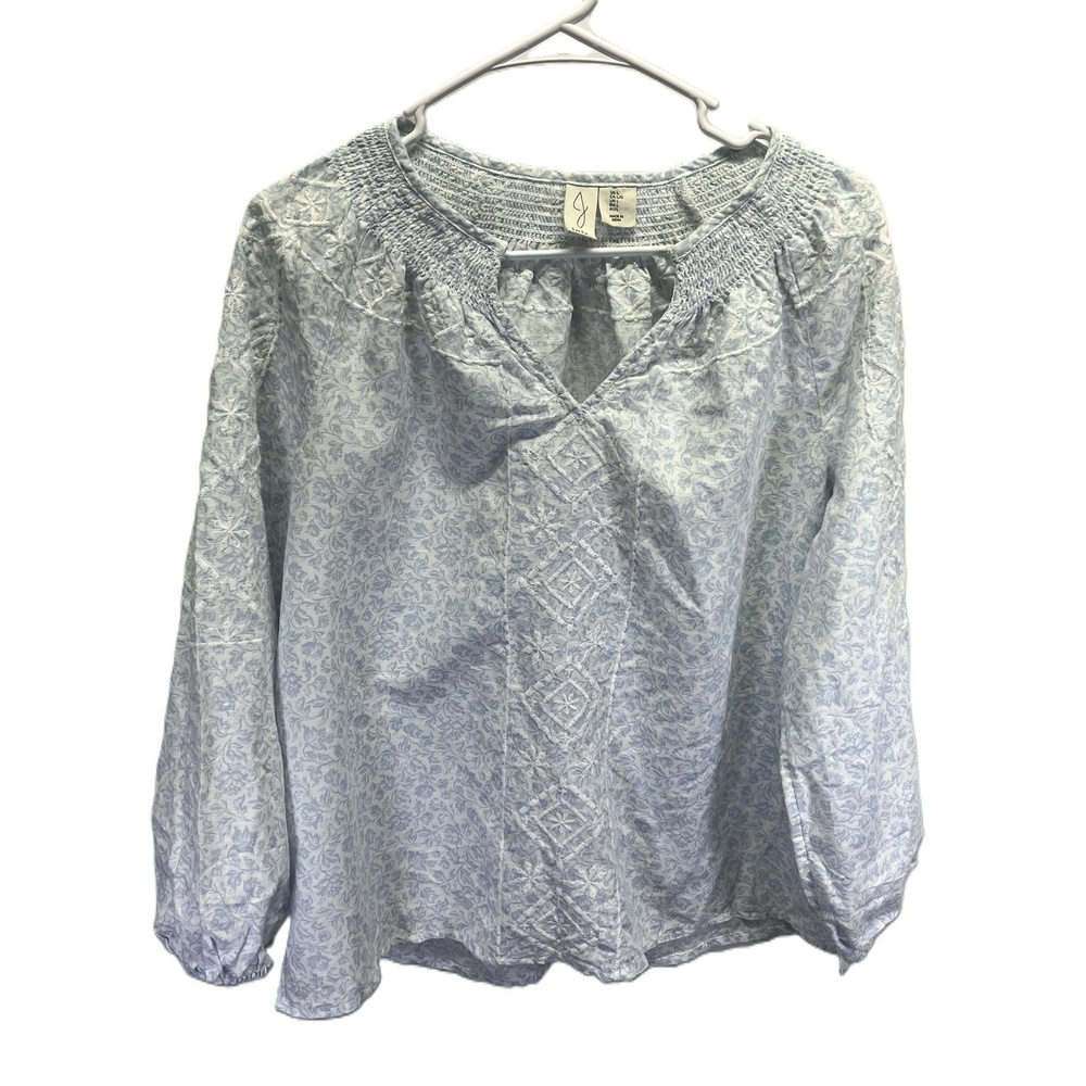 Joie Linen Light Blue White Floral Womens Embroidered‎ Tunic Blouse Large